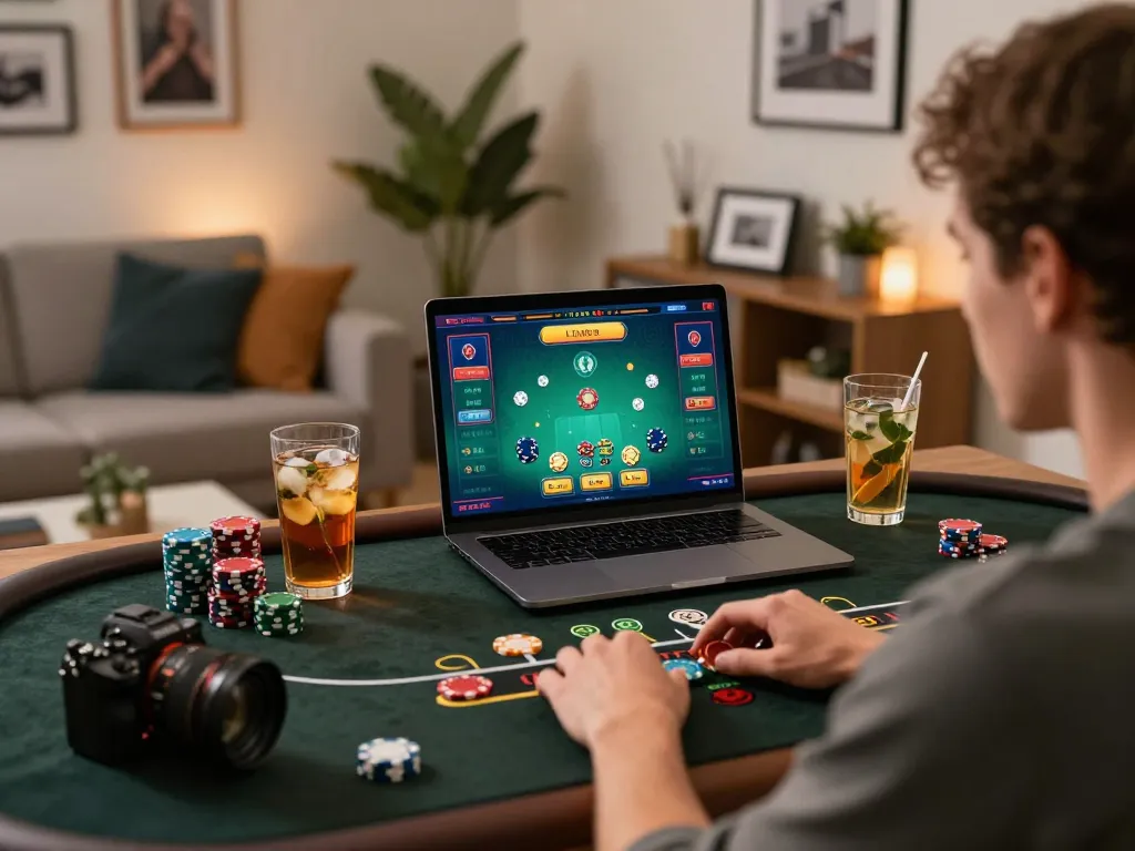 Player enjoying live dealer blackjack on UG88 platform in a stylish home office.