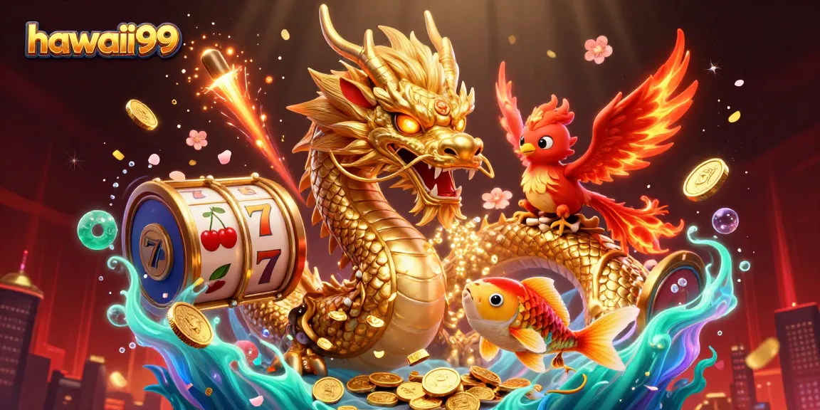 Engaging hawaii99 gaming scene featuring a golden dragon, red phoenix, and koi fish amidst slot reels.