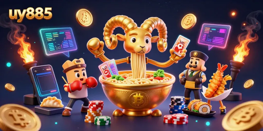 Engage with uy885's thrilling casino action featuring unique characters and glowing crypto elements.