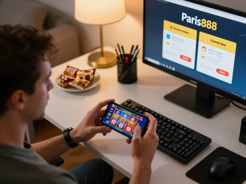 Player engaging with Paris888's exciting slot games on smartphone while enjoying a cozy home atmosphere