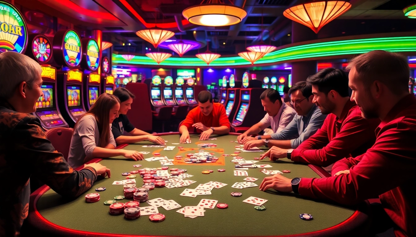 Bermain afktoto di meja poker yang seru dengan banyak warna dan suasana yang energik.