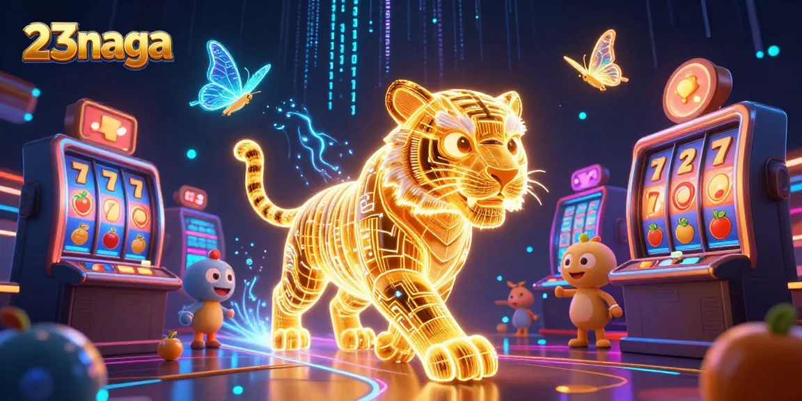 Bermain slot di 23naga dengan harimau neon dan simbol jackpot yang memikat.