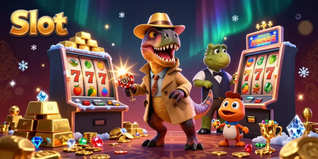 Menangkan slot dengan velociraptor cerdik di kasino, dikelilingi harta berkilauan.
