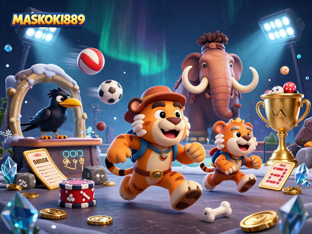 Experience thrilling prehistoric gaming with MASKOKI889's vibrant casino scene featuring unique characters and dynamic elements.