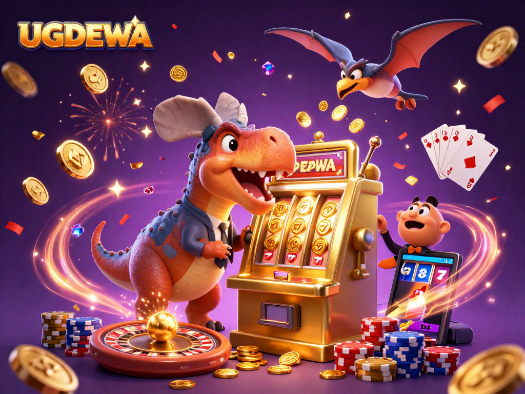Experience UGDEWA's exciting jackpot with a thrilling scene of dinosaurs in a casino.