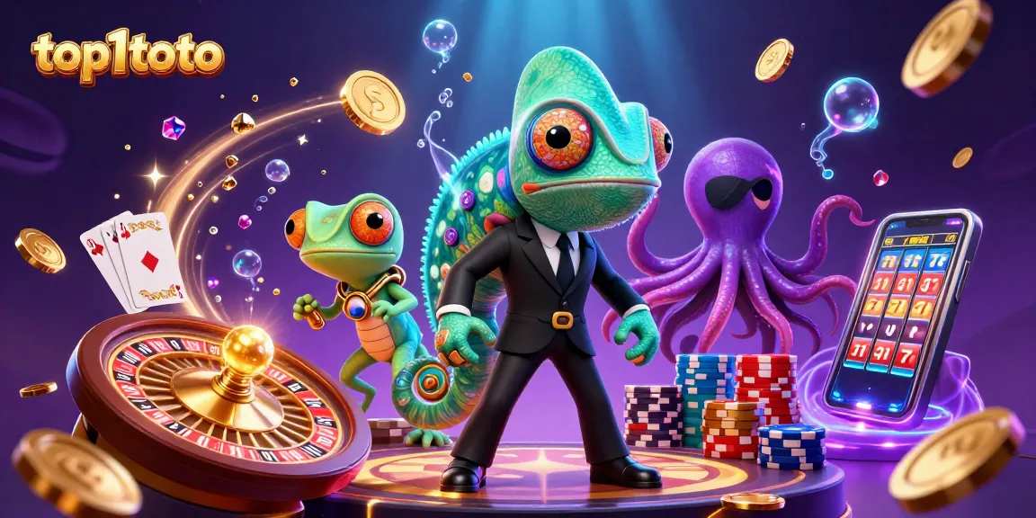Experience top1toto with vibrant casino action featuring a colorful chameleon, gadgets, and winning elements.
