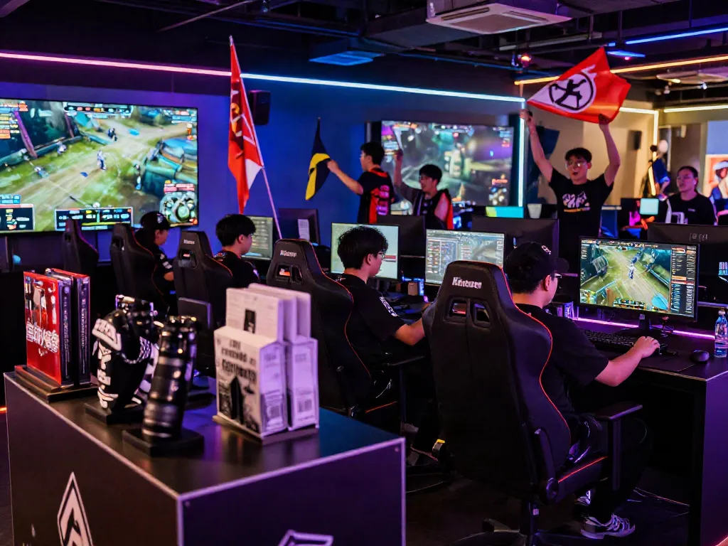 Kediritoto kompetisi gaming di arena eSports dengan penonton antusias dan pemain terampil.