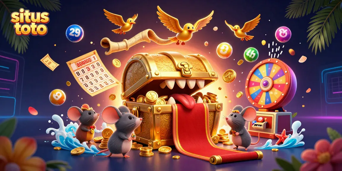 Menangkan permainan di situs toto dengan pemandangan peti harta karun dan bola lotere yang dinamis.