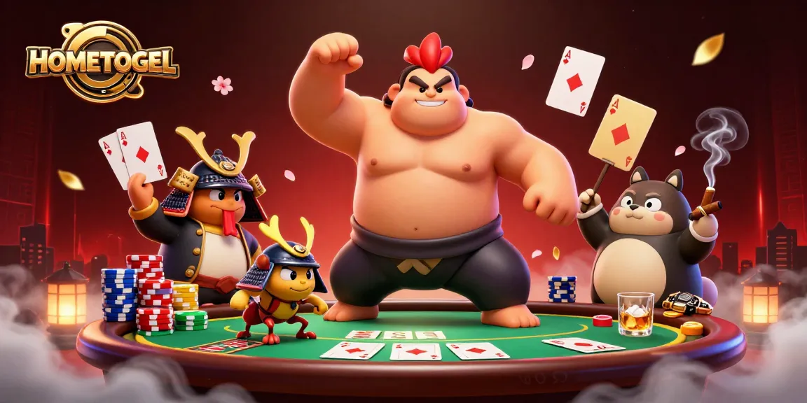 Experience thrilling gameplay at HOMETOGEL with a dynamic poker scene featuring casino elements and vibrant characters.