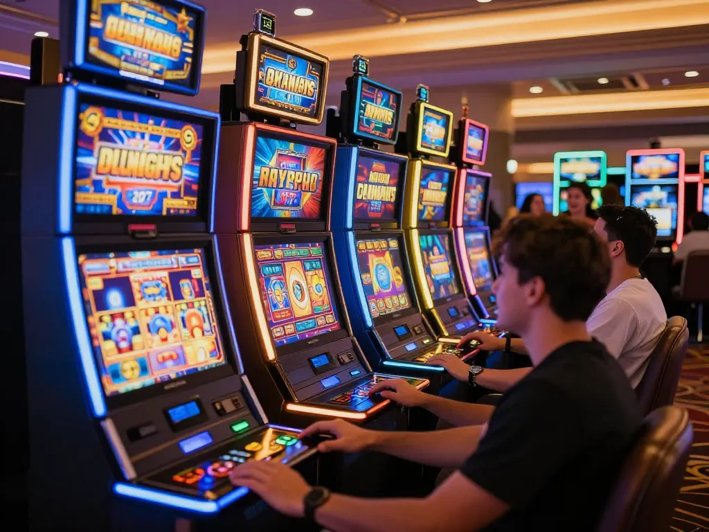 Players enjoying the thrill of slot olympus machines in a vibrant casino atmosphere