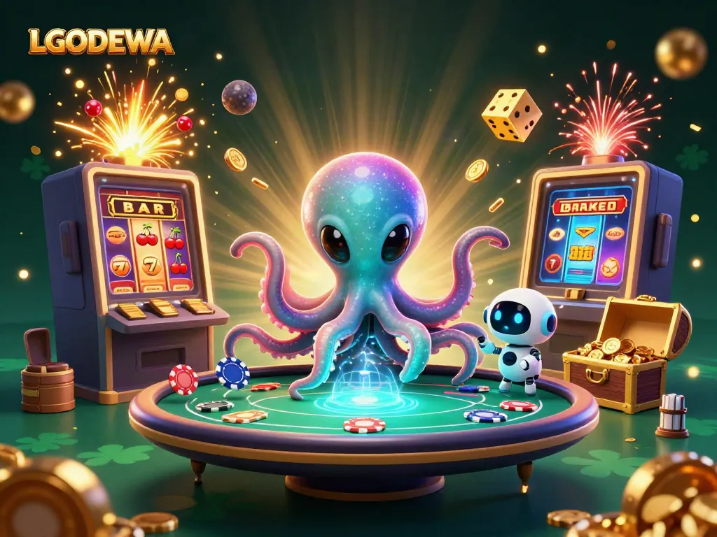 Experience the captivating world of LGODEWA with an alien octopus playing holographic poker amidst a jackpot explosion.