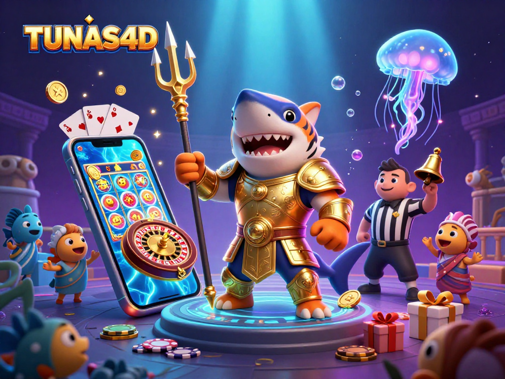 TUNAS4D showcases a thrilling underwater casino scene with vibrant characters and lively slot game elements.