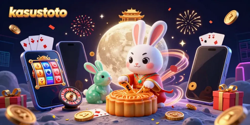 Kasustoto menghadirkan gambar 3D dengan kelinci bulan dan elemen permainan slot yang dinamis.