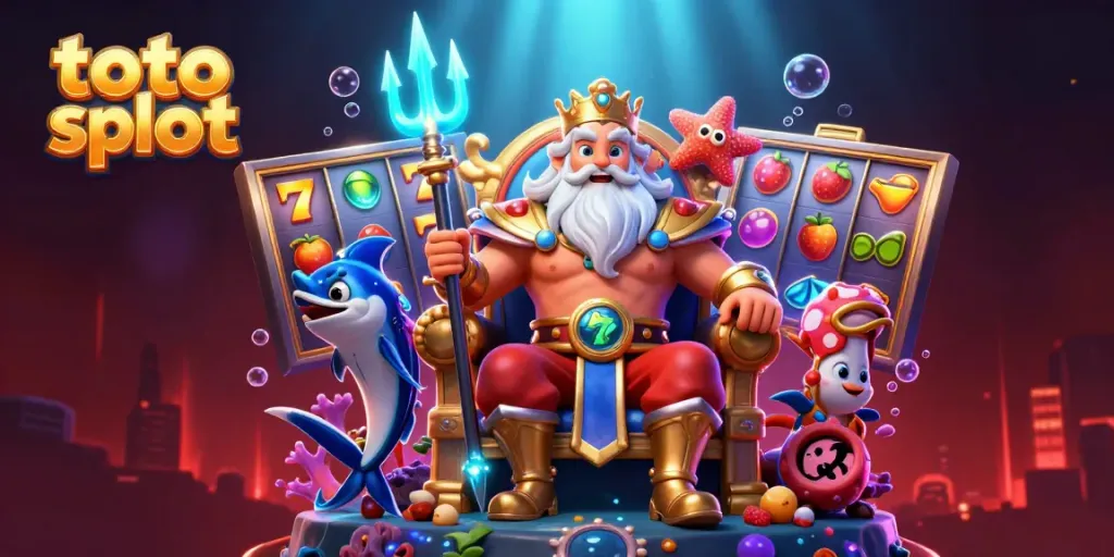 Spin the lucky reels with Neptune and his companions in this vibrant toto slot illustration.