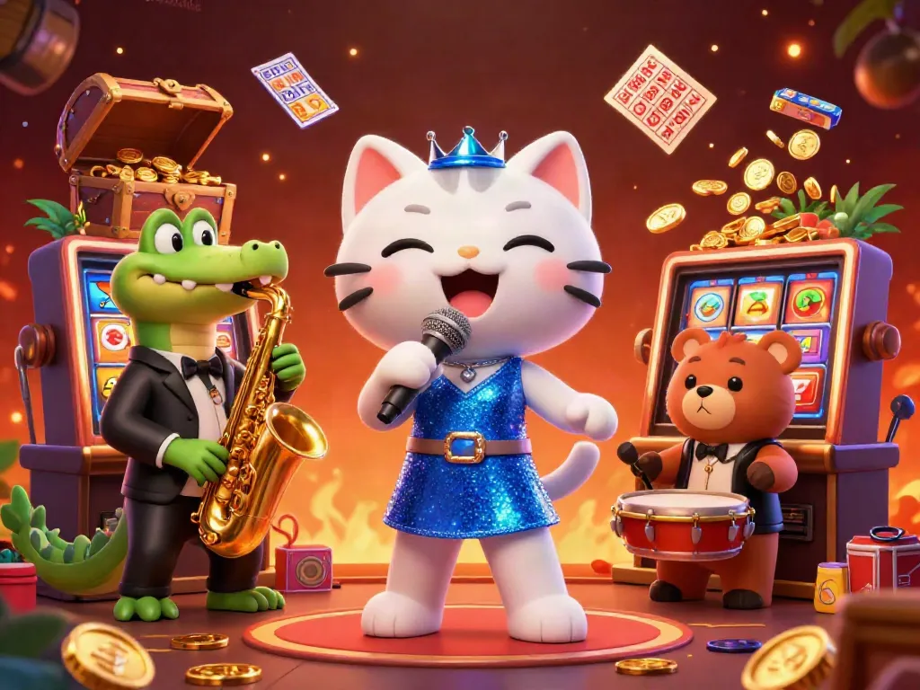 Engage with IDCASH88 as a jazzy cat, croc, and bear celebrate winning in a dazzling casino.