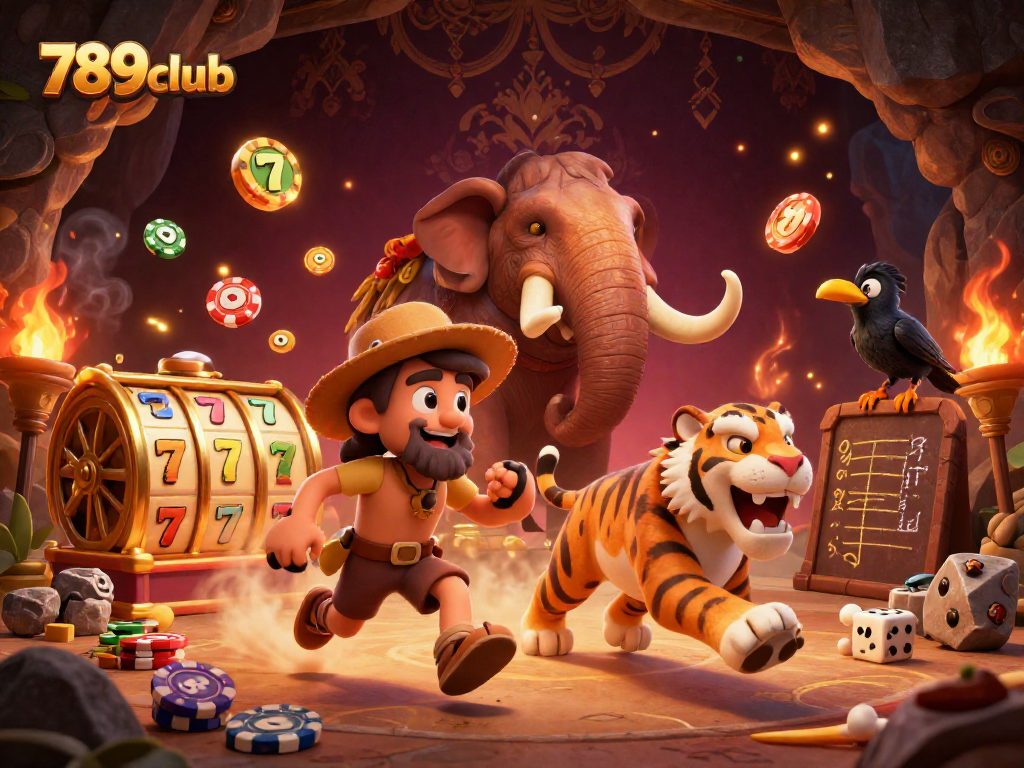 Experience thrilling casino action at 789club with caveman and sabertooth characters amidst dynamic gaming elements.