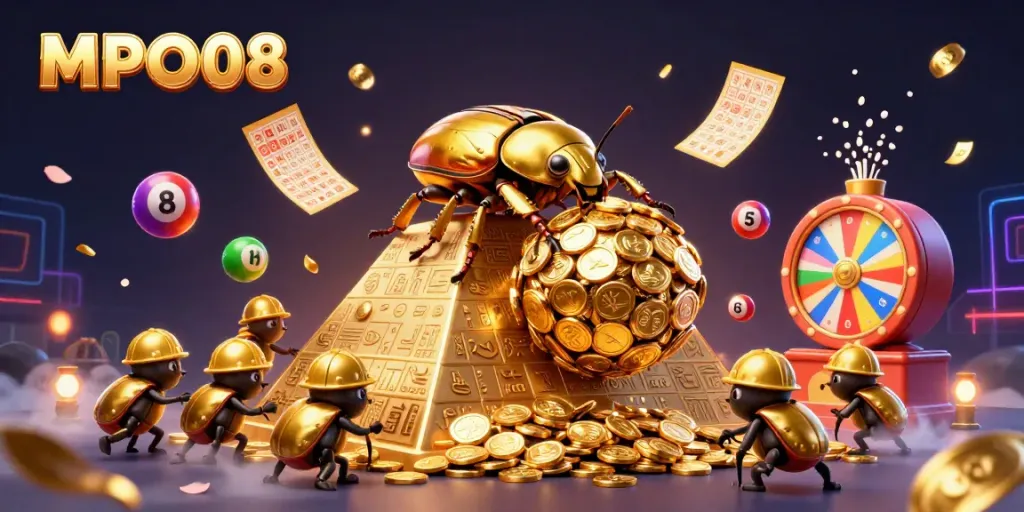 Experience the excitement of MPO08 with a golden beetle and vibrant lottery elements in a dynamic casino-themed scene.