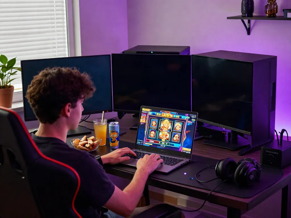 Player engaged in a thrilling slot gacor game on a modern laptop in a vibrant gaming setup.