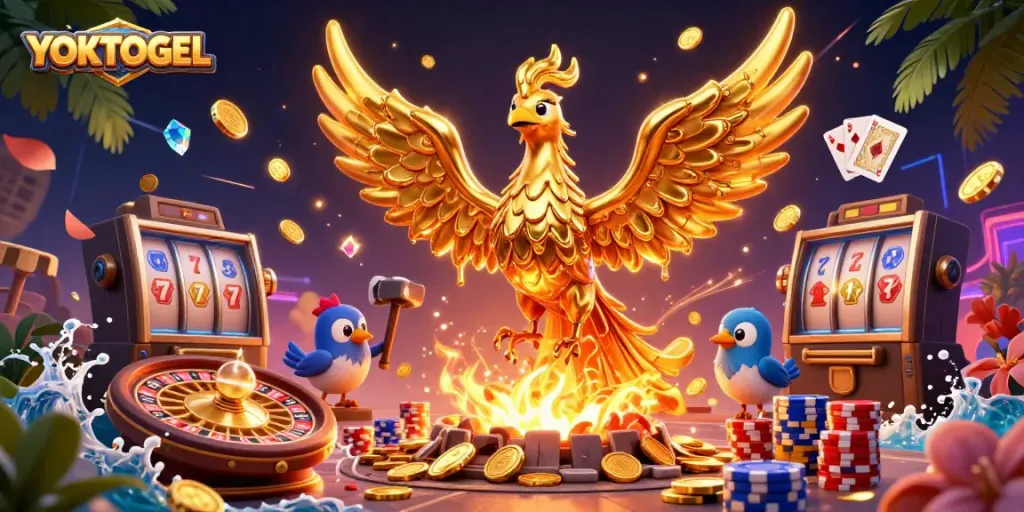 Engage with YOKTOGEL, a vibrant 3D scene depicting molten gold and gaming excitement.