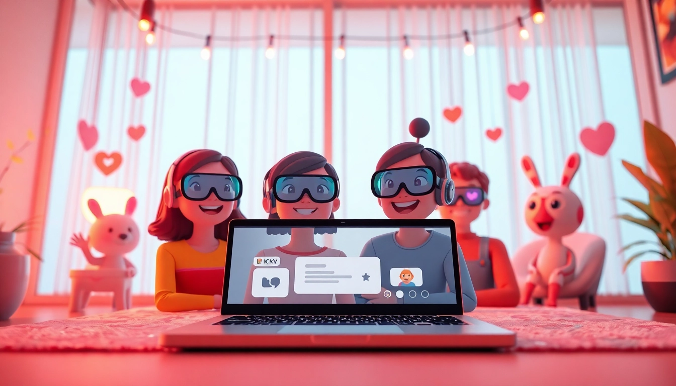 Interactive scene depicting crushon ia virtual chat with animated AI characters, showcasing vibrant colors and technology.