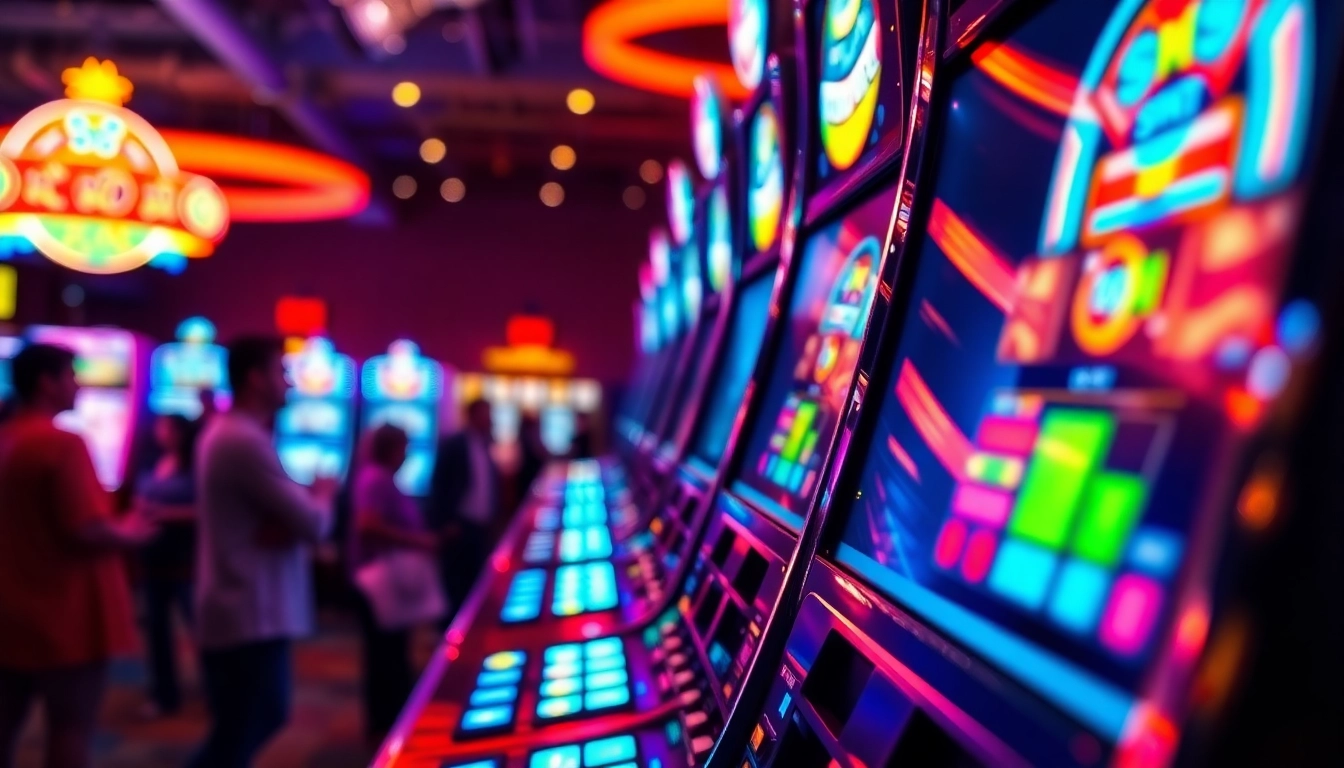 Slot machine yang cerah menarik perhatian di kasino, menggambarkan kegembiraan bermain.