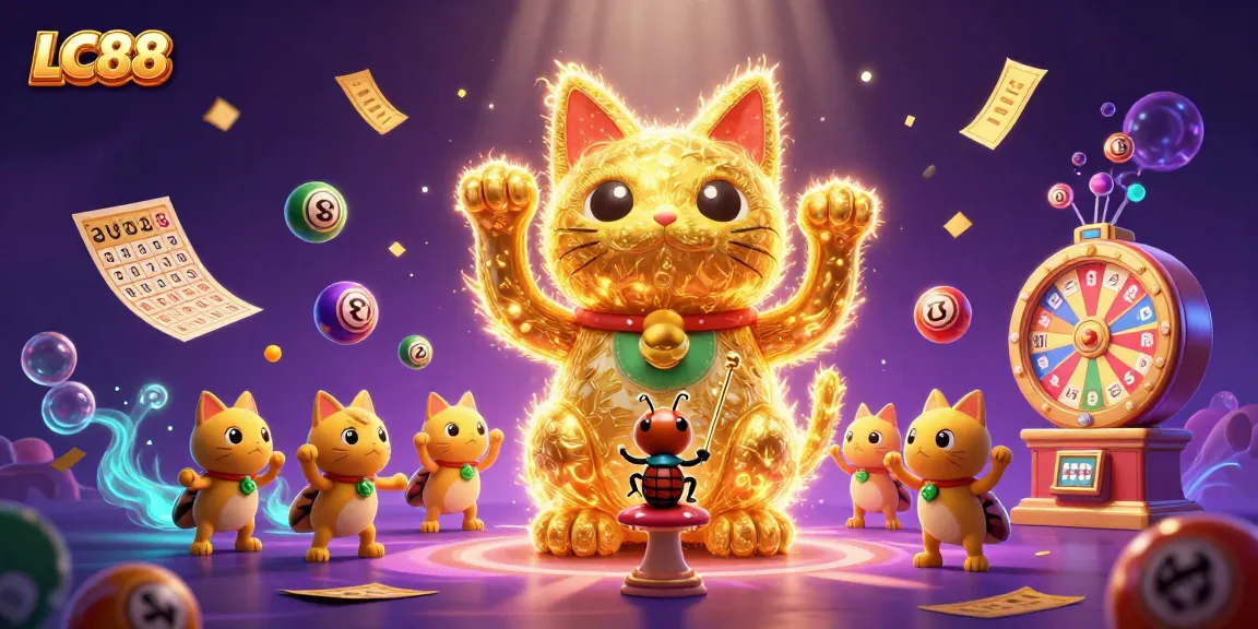Experience the excitement of LC88 with a vibrant illustration of colorful casino elements and characters.