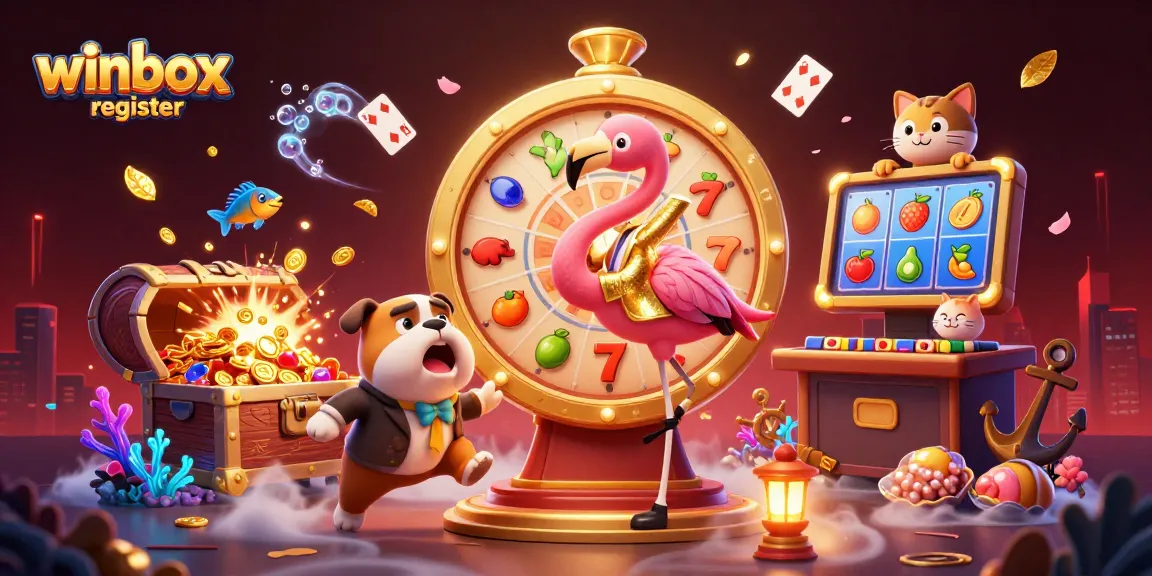 Engage with the winbox register experience, featuring a lively scene of a flamingo game show host among colorful gaming elements.