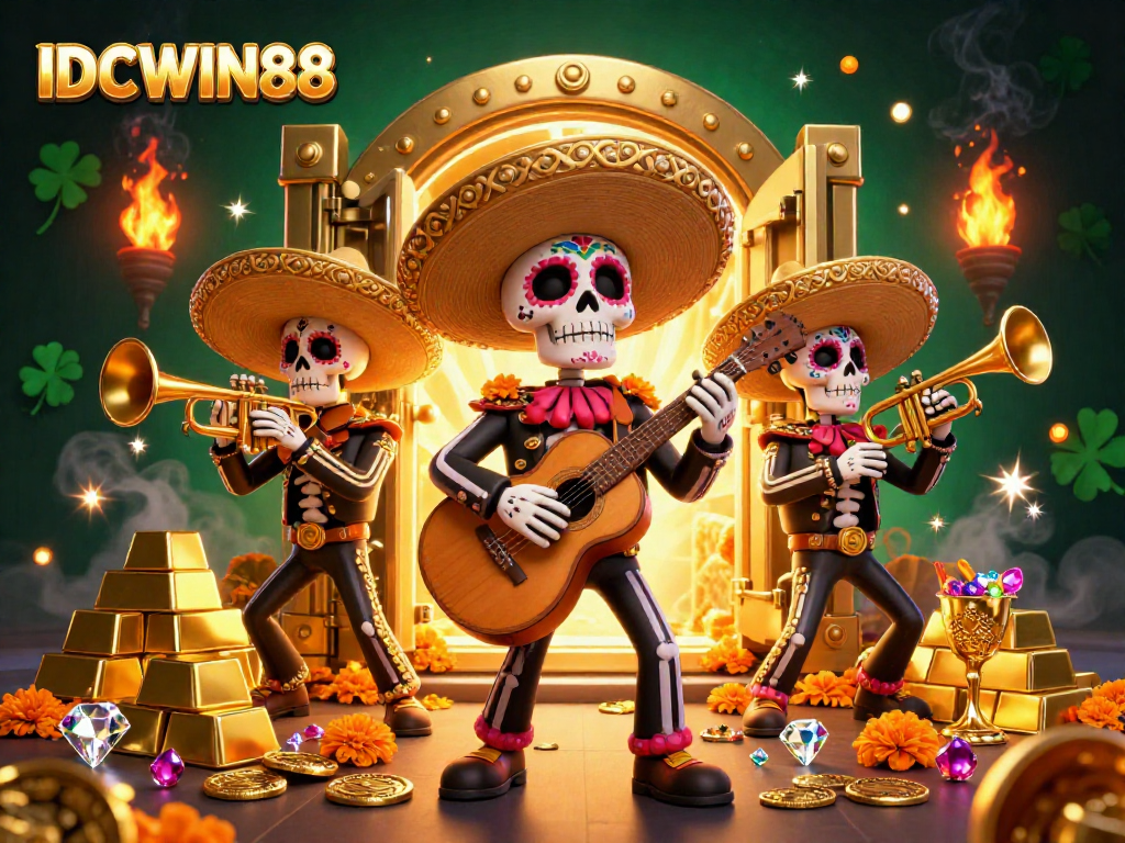Experience high wins with IDCWIN88 as Day of the Dead skeleton mariachi band celebrates in a vibrant casino.