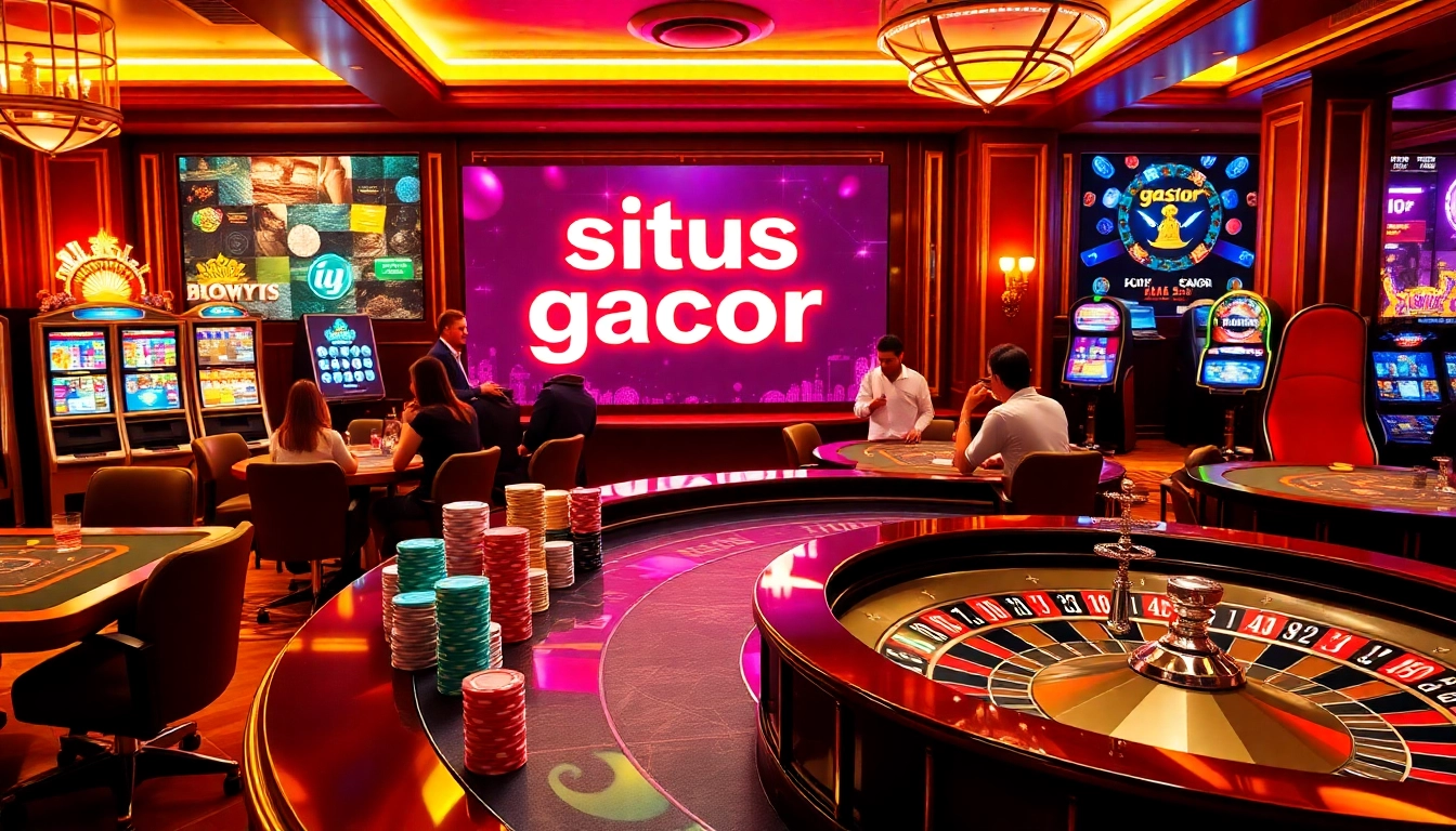 Mainkan mesin slot yang seru di situs gacor dengan suasana kasino yang meriah dan momen kemenangan.