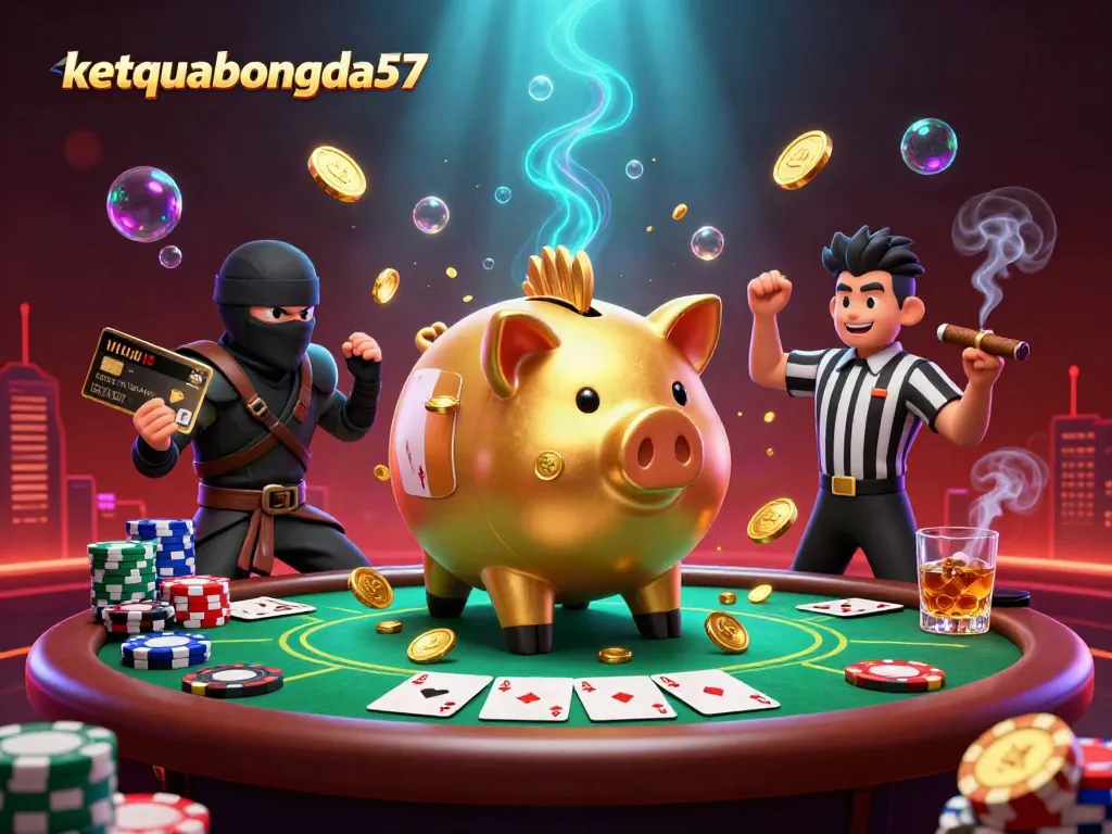 Watch ketquabongda57's vibrant 3D scene with a golden piggy bank sumo wrestler amidst a lively poker atmosphere.