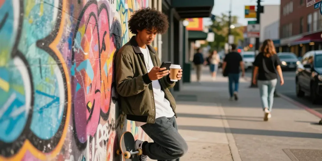 Trendy youth in urban setting showcasing jebolwd street fashion culture.