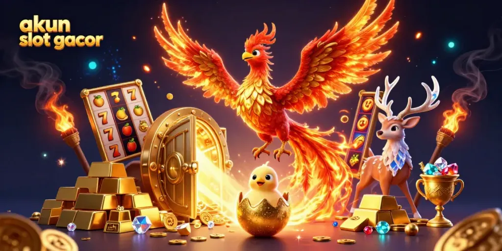 Akun slot gacor menarik dalam ilustrasi dengan fenomena api, kekayaan emas, dan detail grafis yang menawan.