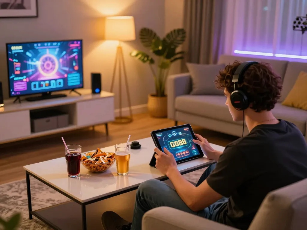 TẢI GO88 on a tablet, enjoying mobile gaming in a cozy living room setup