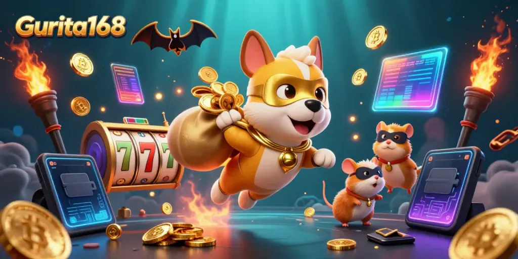Mainkan game interaktif aman di Gurita168 dengan simbol poker dan karakter lucu.