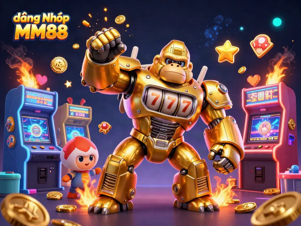 Engage with đăng Nhập MM88 as you witness a golden gorilla mech exploding with coins in a vibrant casino scene.
