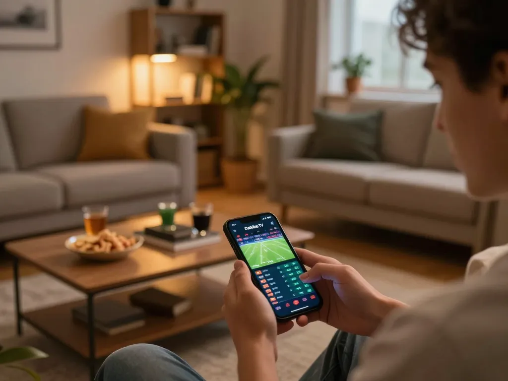 Cakhia TV user engaging in live sports betting on smartphone, showcasing exciting match odds and a vibrant home gaming setup.