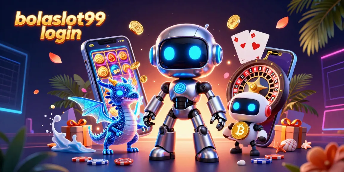 Win with bolaslot99 login: a vibrant 3D cyberpunk casino scene featuring robots and games.