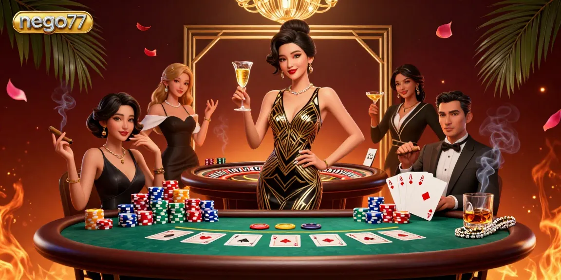 Nego77 showcases an elegant Asian woman at a glamorous casino, expertly holding a champagne glass amidst poker chips and cards.