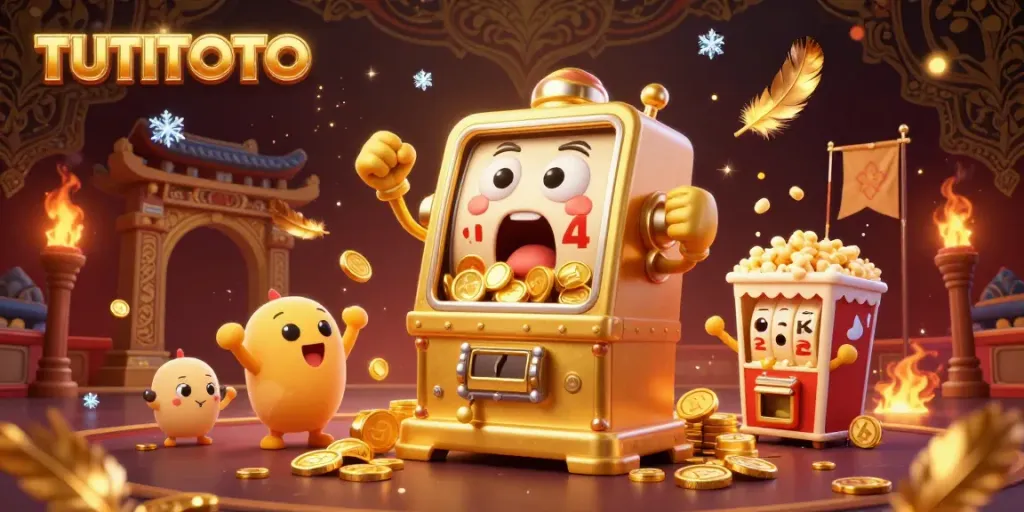 TUTITOTO slot machine hitting a jackpot as coins burst forth, surrounded by cheering smaller machines.