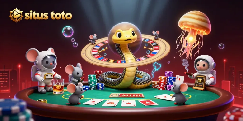 Engage in situs toto betting among animated characters with cosmic casino elements in a vibrant scene.