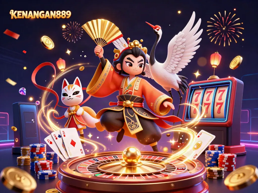 Experience the excitement of KENANGAN889 with vibrant gaming elements and a playful atmosphere in an engaging illustration.