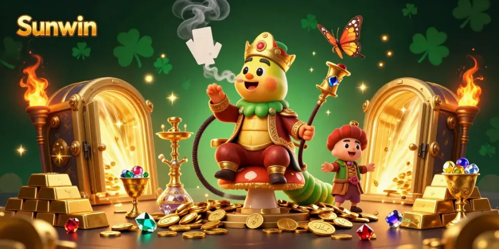 Engage in thrilling action at Sunwin, where a vibrant 3D illustration captures a caterpillar hookah-master amidst dazzling casino elements.