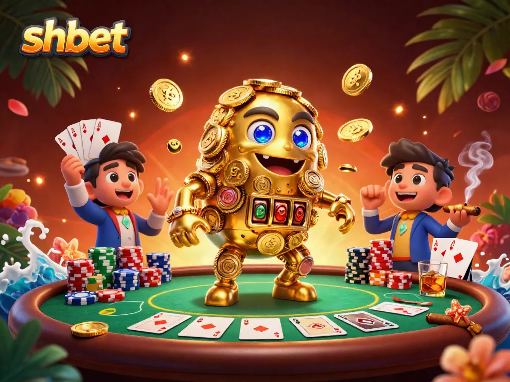 Experience shbet's vibrant casino world, featuring golden golems and poker elements in a dynamic illustration.