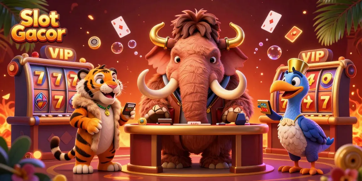 Experience Slot Gacor excitement as a cartoon woolly mammoth checks IDs at a vibrant casino entrance.