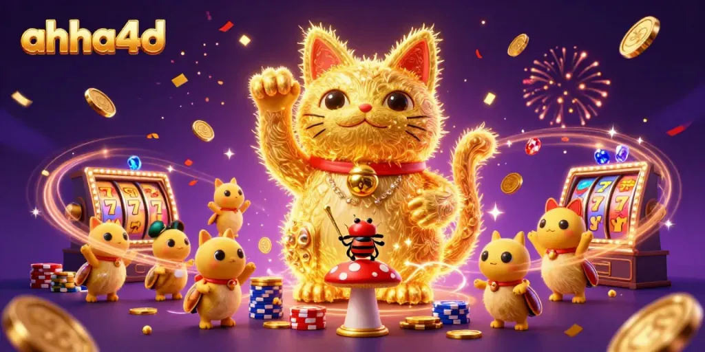 Play exciting slots at ahha4d with a lucky cat waving among cascading coins and vibrant casino elements.