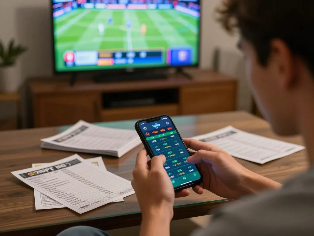Engaging in sports betting on a smartphone with the uu88 app, showcasing real-time betting excitement.