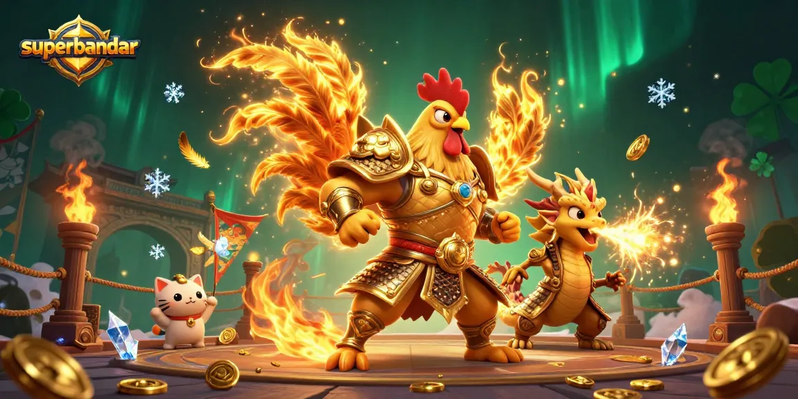 Superbandar menghidangkan pertarungan ayam jantan berani dalam arena penuh koin dan simbol keberuntungan.