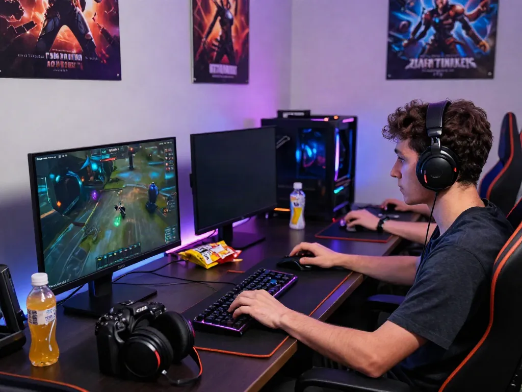 Gamer berfokus pada permainan online QQGOBET dalam suasana modern.