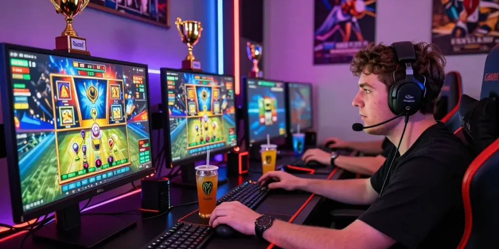 Pemain menikmati permainan sniperslot di ruang gaming modern dengan suasana penuh energi.