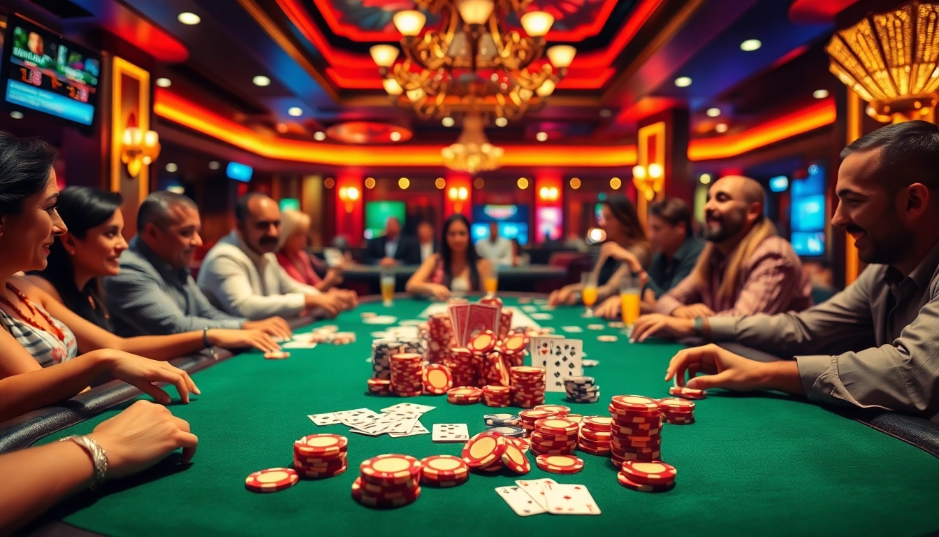 Permainan bbtn4d yang seru di meja poker dengan pemain bersemangat dan chip berwarna.